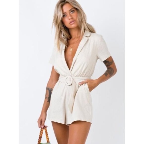 Princess Polly Deep V Croquette Playsuit Romper Collared Belted Neutral Beige 0 - Picture 3 of 16